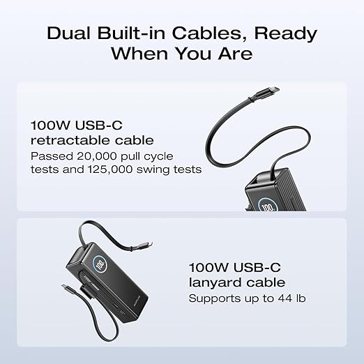 EF ECOFLOW Rapid Power Bank, 25,000mAh, 100W Built-in and Retractable Cables, 170W Portable Charger with Triple 100W USB-C Port, Compatible with iPhone 17/16/15/14, Samsung, Laptop and More, Black
