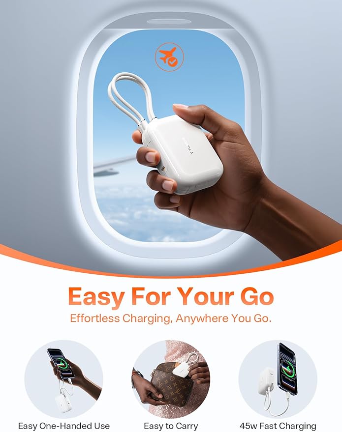 TORRAS 10000mah Portable Charger Power Bank 45W Fast Charging [Daily Use & Travel Essential] Built in Cable USB C, Phone Battery Pack Powerbank for iPhone 17 16 15, Samsung S25, S24, Google Piexl etc