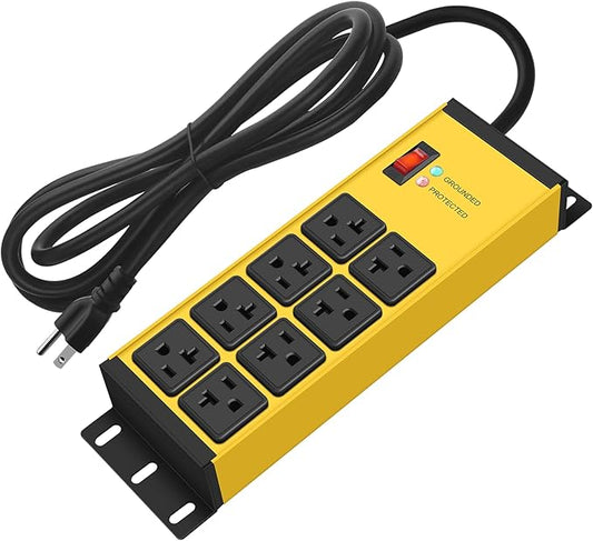 CCCEI Magnetic Heavy Duty Power Strip Surge Protector 20Amp, 12 Gauge High Amp Extension Outlets, Garage Wall Mount 8 Plug Metal Power Strip. 25FT, Yellow, 5-15P Adapter 6-20R T-Slot 20a for Appliance