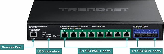 TRENDnet 12-Port 10G PoE++ Web Smart Switch, TPE-7124SBF, 720W PoE Power Budget, 8 x 10G PoE++ Ports, 4 x 10G SFP+ Ports, NDAA TAA Compliant, 1U 19" Rack Mountable, Lifetime Protection