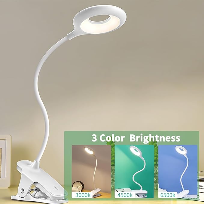 Desk Lamp Clip on Reading Light, Portable Rechargeable Desk Light Mini Clip Lamp, Dorm Room Essential Clip on Light Wall-Mounted, Bedside Lamp with Clamp, Rechargeable Reading Lights for Dorm Makeup