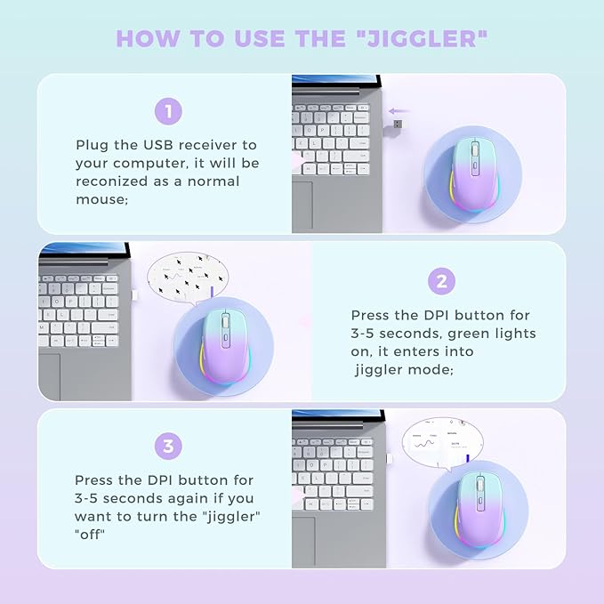 PEIOUS Wireless Mouse Jiggler - LED Wireless Mice with Build-in Mouse Mover, Rechargeable Moving Mouse for Laptop with Undetectable Random Movement Keeps Computers Awake - Purple to Green
