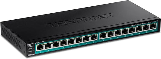 TRENDnet 16-Port Gigabit PoE+ Switch, 16 x Gigabit PoE+ Ports, Up to 30W Per Port, 1U 19” Rackmount Brackets Included, Fanless, Lifetime Protection, Black, TPE-TG161H