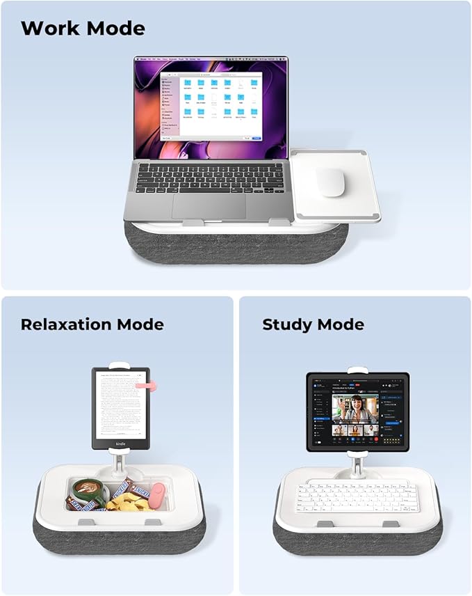 Viozon Kindle Pillow Stand Holder, Phone Holder for Bed, Laptop Lap Desk with Mouse Pad,Compatible with 4.7-13" Kindle/Tablet/Phone,10-15" Laptop, Snack Bowl&Cup Attachment&Detachable 360°Stand Arm