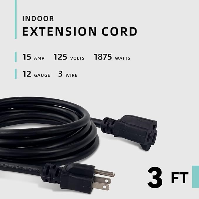 3ft Indoor Extension Cord - 12/3 SJTW Heavy Duty Extension Cable with 3 Prong Grounded Plug for Safety -15Amp 1875W Black Electric Cord for Garden, Appliances