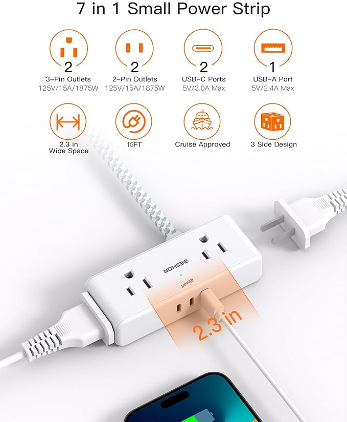 Extension Cord 15 ft, BESHON Flat Plug Power Strip, Long Power Strip, 4 Widely Outlets with 3 USB Ports (2 USB C), Extension Cord with Multiple Outlets for Home, Office, Dorm Room Essentials