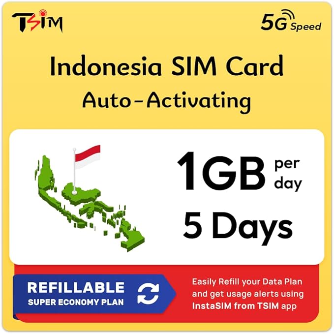 Indonesia SIM Card | 5 Days 1GB/Day | Auto Activation | Hotspot Allowed | No Phone Number | Refillable Plan via Insta Sim App