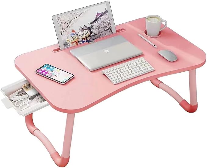 Laptop Desk Foldable Bed Table, Portable Lap Desk Laptop Bed Tray Table with Storage Drawer and Cup Holder, Lap TraysTables Notebook Stand Reading Desks Breakfast Tray for Beds Couch Sofa Floor – Pink