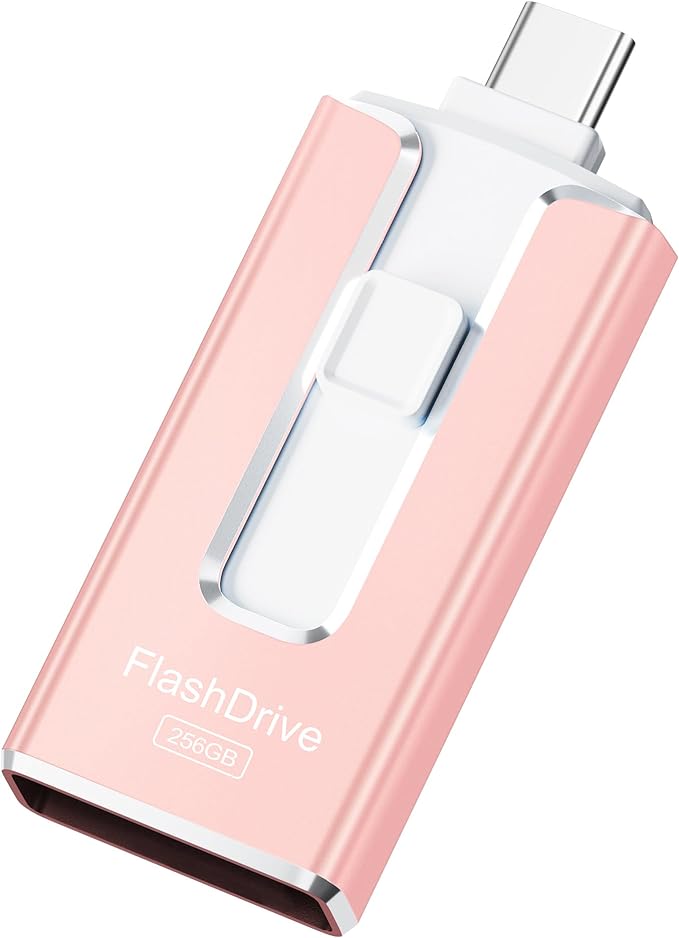MFi Certified Flash Drive for iPhone 256GB, 3 in 1 Type-C USB Memory Stick Thumb Drive for Photos Videos, High Speed External Memory Storage Photo Stick for iPhone iPad Android PC (Rose Pink)