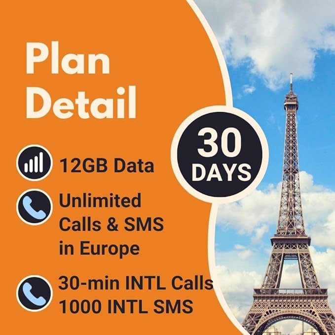 Orange Holiday Europe Prepaid Sim 12GB Internet Data | 30 Days-Use | Data tethering Allowed | 30min & 200 SMS from Europe to Any Country Worldwide+1 Sim Card Holder+1 Pin