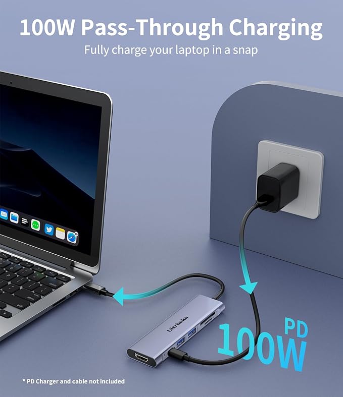 USB C Hub 7-in-1 USB-C Dongle with 4K HDMI Multiport Adapter, 2×Powered USB-A 3.0 5Gbps, 100W PD Charging, TF/SD Card Reader for MacBook Pro/Air and Other Type C Ports Laptops (Silver)