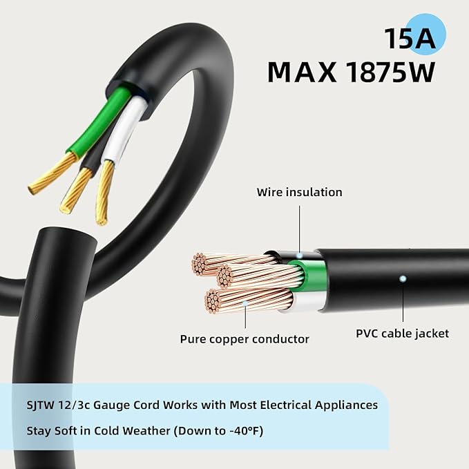 EP 30 Ft Outdoor Extension Cord - 12/3 SJTW Heavy Duty Black Extension Cable with 3 Prong Grounded Plug - Power Cord for Lawn, Garden, Appliances