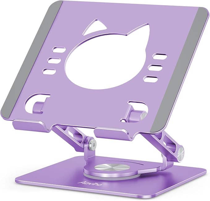 Tablet Stand 360° Rotating Aluminum Holder - Adjustable, Portable & Foldable Monitors Stand for iPads, Compatible with 4-13.3" Tablets, Purple