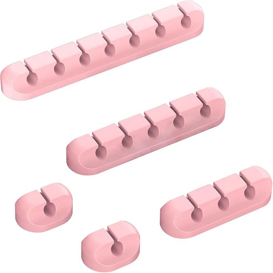 Pink Desk Cable Organizer - 5 Pack (7-5-3-1-1 Slots) Cord Clips for Cord Management, Cleans Up Messy Wires at Home, Car and Office