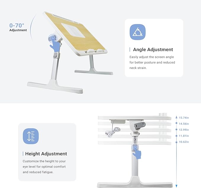 Laptop Lap Desk Include Cooling Fan,Adjustable Lap Desk with Light Fan,Folding Laptop Desk for Bed with USB,Bed Desk with Storage Drawer 60x40cm,White Oak