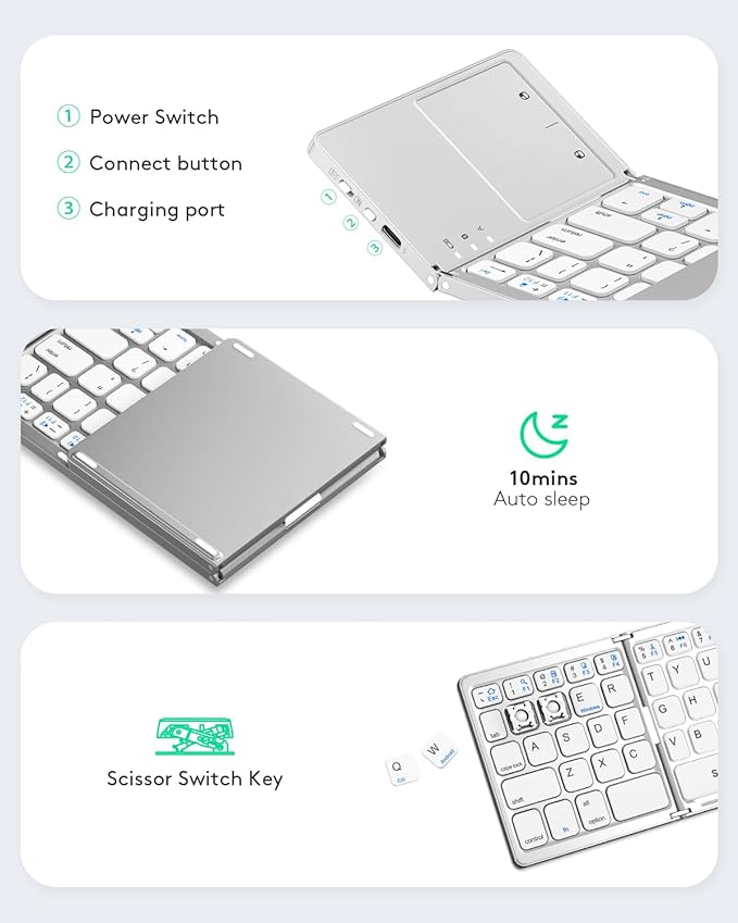Samsers Foldable Bluetooth Keyboard with Touchpad - Portable Wireless Keyboard with Holder, Rechargeable Full Size Ultra Slim Pocket Folding Keyboards for Android Windows iOS Tablet & Laptop - Silver