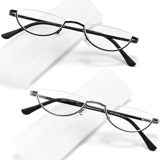 2 Pack Half Lens Reading Glasses Blue Light Blocking, Half Moon Frame Semi Rim Spring Hinge Readers with Case for Men Women Black/Gunmetal +3.0