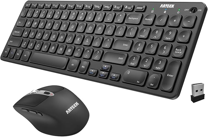 Arteck 2.4G USB Wireless Keyboard and Mouse Combo Ultra Slim Compact Keyboard and Ergonomic Mouse for Computer Desktop PC Laptop and Windows 11/10/8/7 Build in USB-C Rechargeable Battery