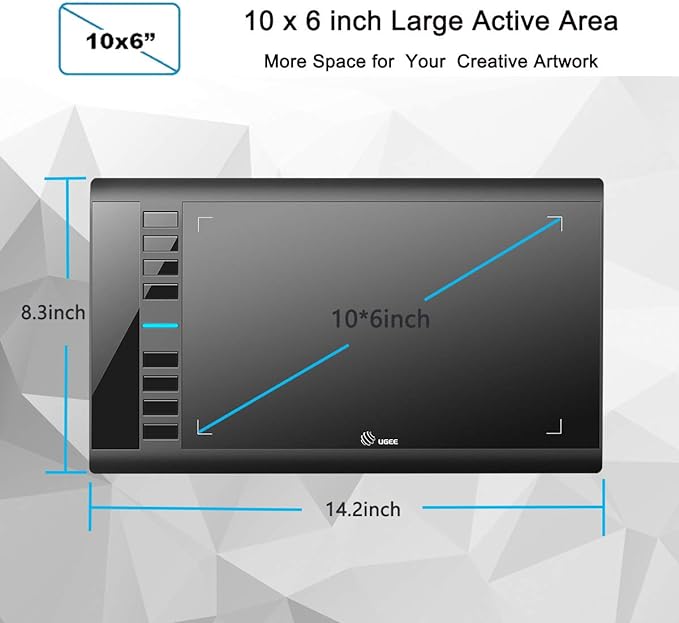 Graphics Drawing Tablet, UGEE M708 10 x 6 inch Large Drawing Tablet with 8 Hot Keys, Passive Stylus of 8192 Levels Pressure, UGEE M708 Graphics Tablet for Paint, Design, Art Creation Sketch Black