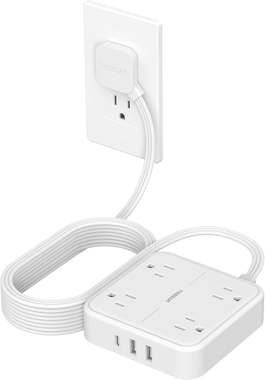 Surge Protector Flat Extension Cord 15Ft, TESSAN Flat Plug Power Strip with 4 Outlets 3 USB Ports (1 USB C), 900 Joules Protection, Multiple Wall Outlet Extender Suitable for Home Office Dorm, White