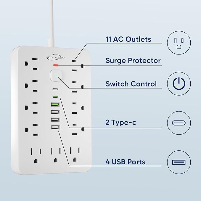 15 FT Flat Plug Surge Protector Power Strip,11 Multiple AC Outlets with 6 USB Ports (2 USB C), 15 Feet Extension Cord, 1250W/10A, One Touch Switch Button, White
