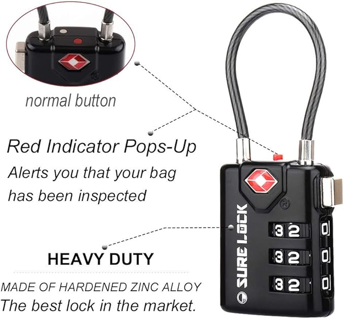SURE LOCK TSA Compatible Travel Luggage Locks, Inspection Indicator, Easy Read Dials TSA Approved with Zinc Alloy