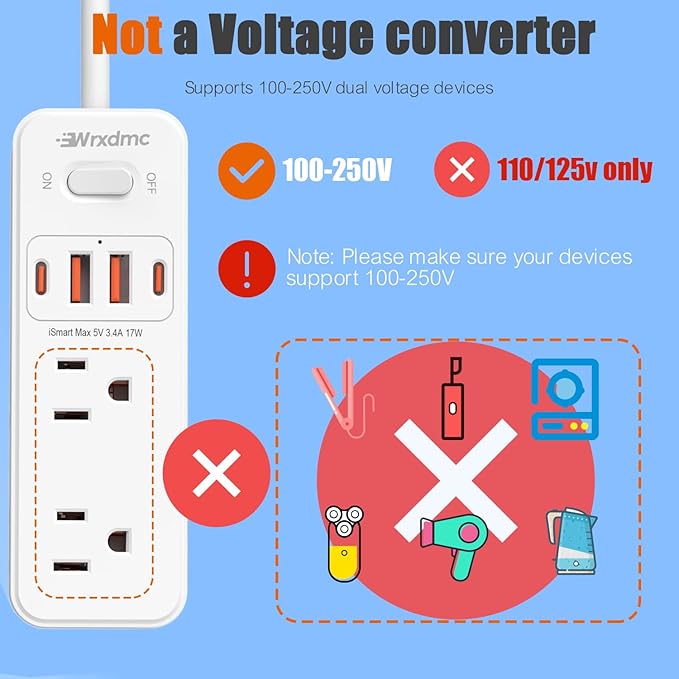 European Travel Plug Adapter,WRXDMC Universal Power Adapter for EU UK DE JP,6 AC Outlets,4 USB Ports with 5ft Extension Cord,International Power Strip,Compact for Travel,Cruise Ship Must Have