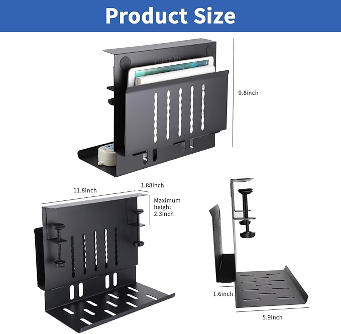 LUKETURE Desk Side Storage, Laptop Holder with Cable Management Tray, 2 in 1 Steel Under Desk Laptop Mount, Table Organization, Space Saving Table Accessories for Office and Home (Black)