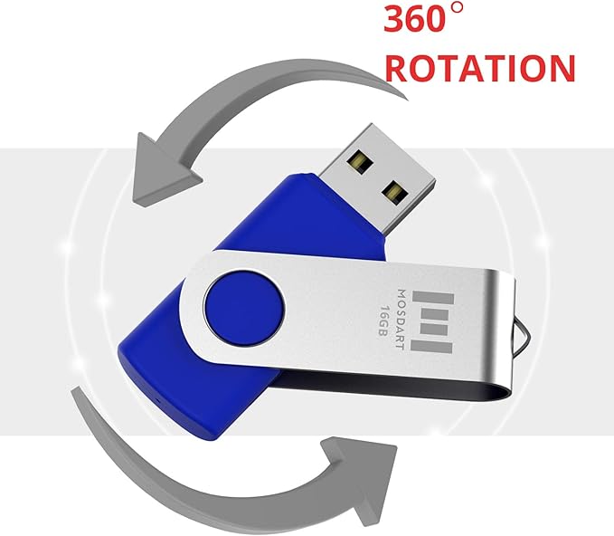 MOSDART USB2.0 16GB Flash Drive, Swivel Design with LED Indicator, Keychain Loop, FAT32 Memory Stick for Data Storage, Blue(Pack of 10)