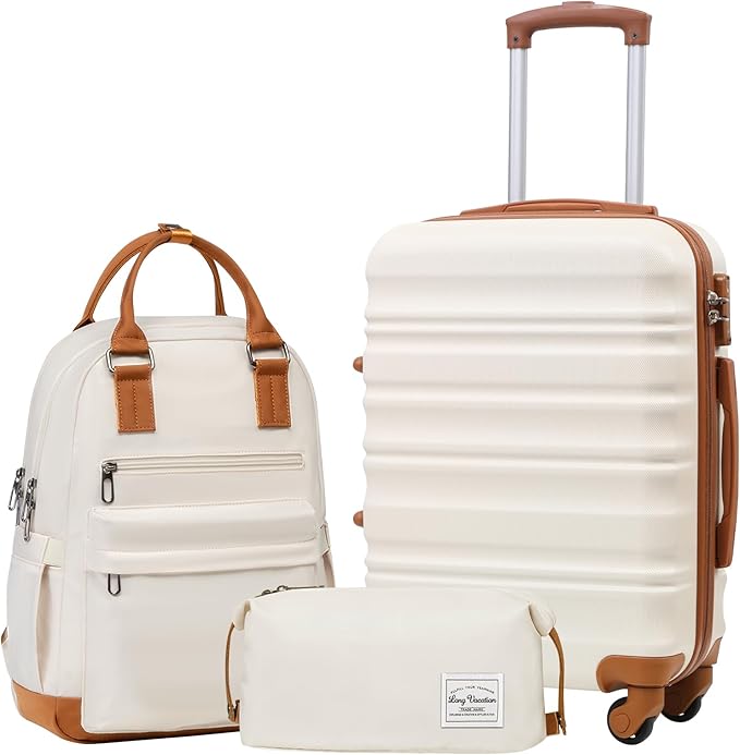 LONG VACATION Carry On Luggage Sets 3 Piece 20 Inch Suitcase Set, ABS+PC Hardshell Lightweight Travel Luggage with Spinner Wheels & YKK Zipper TSA Lock (20 INCH (BP/TB), WHITE-BROWN)