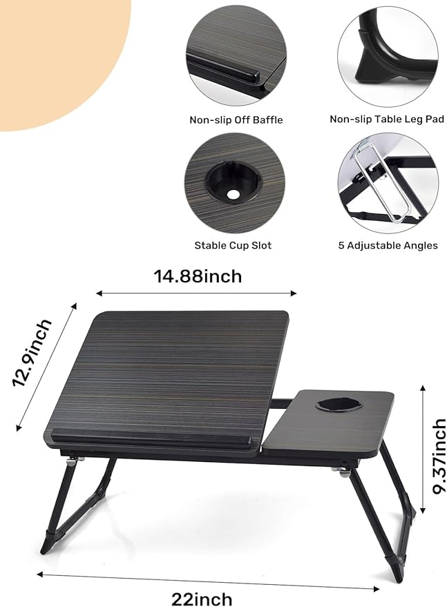 Lap Desk for Couch/Sofa/Floor, 5-Angle Adjustable Bed Desk with Foldable Legs &Cup Holder, Light Weight Bed Tray Table for Writing/Eating/Reading, Portable Laptop Stand for Adults, Kids