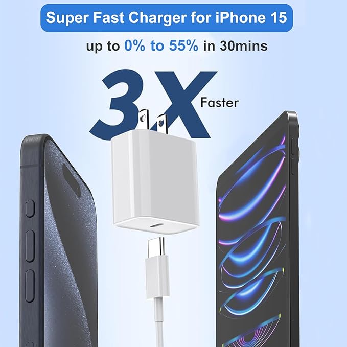 iPhone 15 Charger Fast Charging, 20W USB C Charger Block Plug Brick 10FT USB C to USBC Cable Cord Compatible with iPhone 15/15 Pro/15 Pro Max/15 Plus, iPad Pro 12.9/13/11inch,iPad Mini 6,iPad Air 4/5