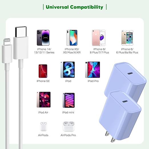 iPhone 14 13 12 Fast Charger,Super Fast Charging Block 2Pack Type C Charger Fast Charging Power Adapter with 6FT Quick USB C to Lightning Cable Compatible with iPhone 14/13/12/11/XS/XR/SE,iPad- Purple