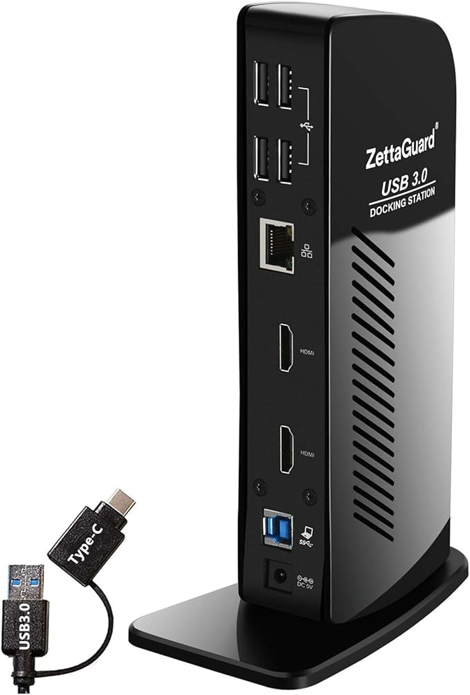 USB 3.0 and USB-C Universal Laptop Docking Station for Windows and Mac (Dual 4K Video HDMI, Gigabit Ethernet, 6 USB 3.0 Ports, 3.5 mm Audio)