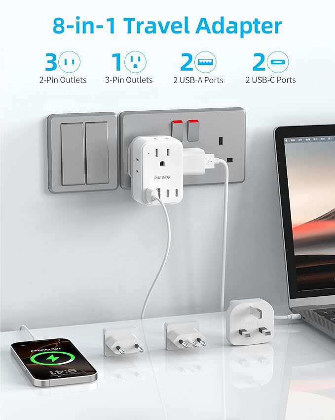 European Travel Plug Adapter USB C, US to EU/UK Plug Adapter- 4AC Outlets 4 USB Charger, International Power Adaptor kit Include Type G/C/L for American to England Italy France Germany Greece