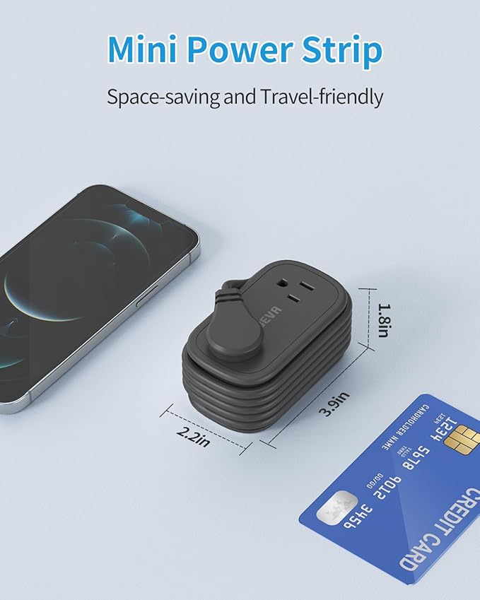 Travel Power Strip, BEVA 5ft Flat Plug Extension Cord with Retractable USB C Cable, Portable Power Strip Flat Plug 2 Outlets 3 USB Ports, Compact for Travel Hotel Cruise Essentials (Black)