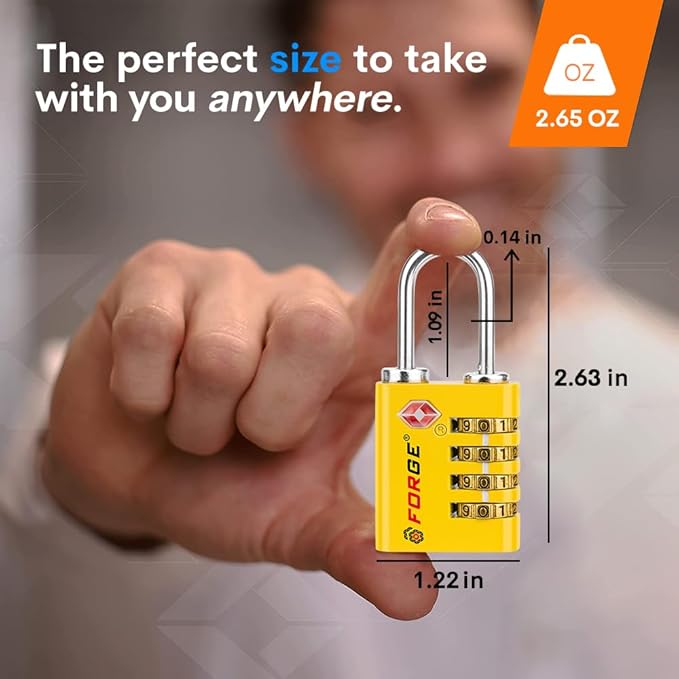 Forge Dual-Opening: Key or Combination Access Lock, TSA Approved Locks for Luggage, Pelican case, Travel, Gym, School, Stainless Steel Shackle.(Yellow, 4 Pk)