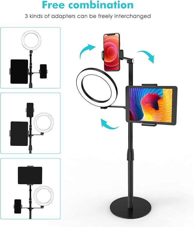 viozon 3-in-1 Selfie Desktop Live Stand, Height Adjustable/Overhead, 8" LED Ring Light, Compatible with 3.5-13" Tablet& Phone, Suitable for YouTube/Tiktok/Recording/Streaming/Online Meeting-B