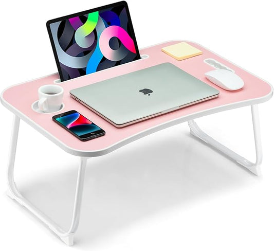 Foldable Lap Desk, Laptop Bed Desk, Portable Lap Table, Laptop Bed Table with Cup Holder & Tablet Slot & Lifting Handle for Working Writing Drawing & Eating - Pink