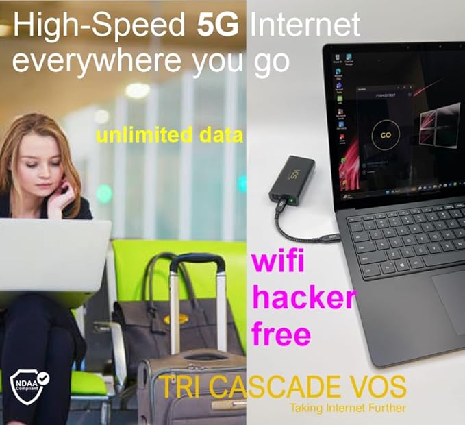 Tri Cascade VOS 5G Cellular Travel Internet, Qualcomm Snapdragon X55 5G Modem-RF Full 5G Spectrum System Global Access Supports macOS, iPadOS, Windows, Linux, USB C Dongle