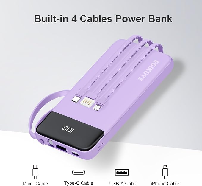 Power Bank 10000mAh Portable Charger with 4 Built-in Cables, Type-C in & Out Phone Charger, External Battery Charger Pack & Travel Essential for iPhone 16/15/14, Samsung, iPad, Android