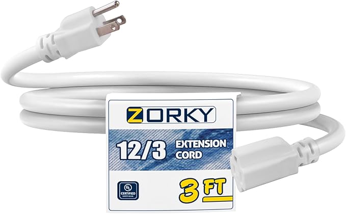 3ft Indoor Extension Cord - 12/3 SJTW Heavy Duty Extension Cable with 3 Prong Grounded Plug for Safety -15Amp 1875W White Electric Cord Great for Garden, Appliances