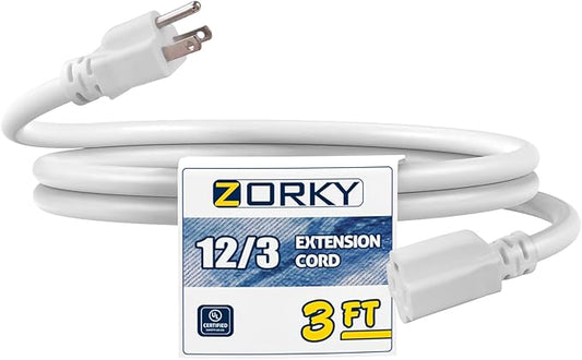 3ft Indoor Extension Cord - 12/3 SJTW Heavy Duty Extension Cable with 3 Prong Grounded Plug for Safety -15Amp 1875W White Electric Cord Great for Garden, Appliances