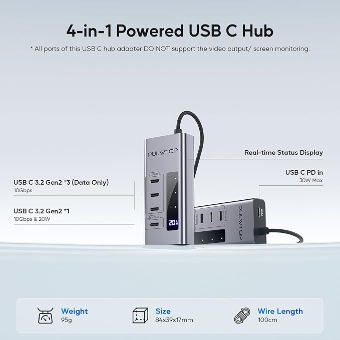 Powered USB C Hub, 4 in 1 USB C Hub Support Data 10Gbps & Charging(Not Support Video), USB C Powered Hub 10Gbps Ports for iMac, MacBook Pro/Air, iPad, XPS, USB Hub with 30W PD Power Adapter