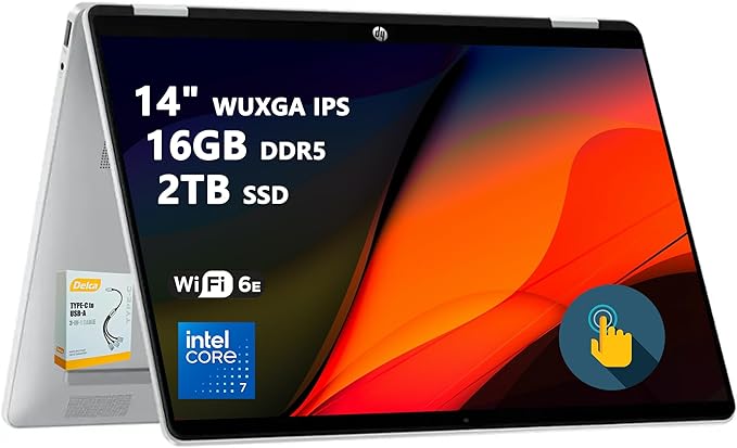 HP OmniBook 5 Flip 2-in-1 Laptop | 14" WUXGA IPS Touchscreen | 10-Core Intel Core 7 150U | 16GB DDR5 2TB SSD | Backlit Keyboard Wi-Fi6E 5MP IR Privacy Camera Win 11 w/DLCA Accessory