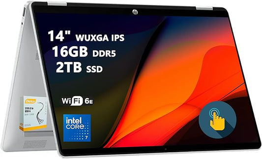 HP OmniBook 5 Flip 2-in-1 Laptop | 14" WUXGA IPS Touchscreen | 10-Core Intel Core 7 150U | 16GB DDR5 2TB SSD | Backlit Keyboard Wi-Fi6E 5MP IR Privacy Camera Win 11 w/DLCA Accessory