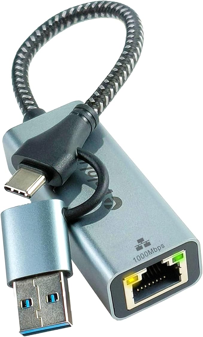 USB to Ethernet Adapter, 1Gbps USB C to RJ45 Gigabit LAN, 2-in-1 Ethernet Adapter for Laptop (Thunderbolt 4/3 Compatible), Aluminium Shell&Nylon Cable for Laptop, MacBook,Chromebook,PC and More