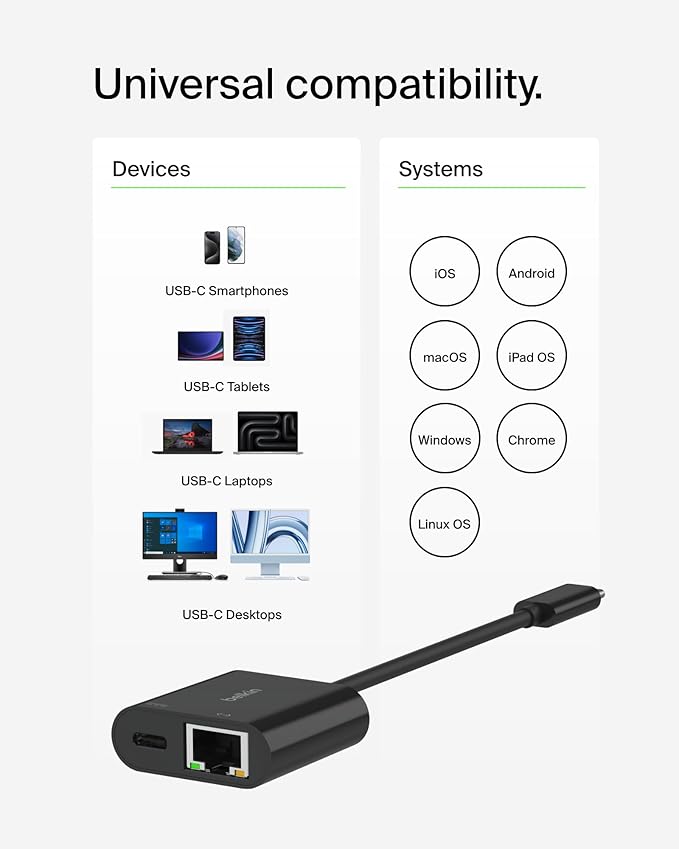 Belkin Connect USB-C to Ethernet + Charge Adapter 100W w/Gigabit Ethernet Port and USB-C Port - 10/100/1000 Mbps for Fast Internet Connection - Compatible with iPhone 17, Samsung Galaxy S25, & More