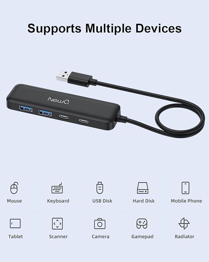 Dual USB C USB A 3.0 Hub: 4 Ports with 2* USB-C 3.0 and 2* USB-A 3.0, Ultra Slim Portable USB Splitter Adapter for Laptop, PS4, Flash Drive, HDD, Xbox, Printer, Mouse, Keyboard, Computer Accessories