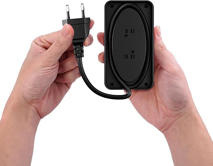 European Travel Plug Adapter, EU/UK/US Travel Plug Adapter Power Strip, 6 AC Outlets, 4 USB Ports (2 USB C), 3ft Wrapped Around Extension Cord, Compact for Travel, Black